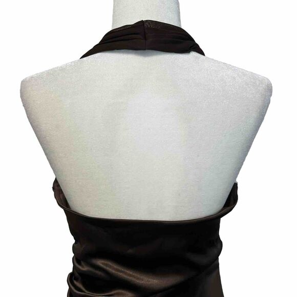 Vintage 90s y2k Blondie Nites Prom Gown Halter Brown Satin Ruffle Jr S Assymetri - Picture 3 of 12